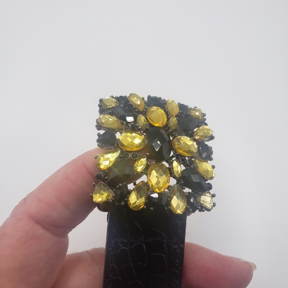 Talbots Genuine Embossed Leather Belt Black Medium 40" Gold Rhinestone Buckle - Picture 6 of 6